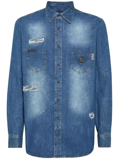 Philipp Plein Distressed-effect Denim Shirt In Blue