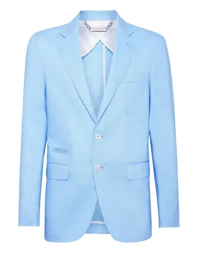 Philipp Plein Single-breasted Linen Blazer In Blue