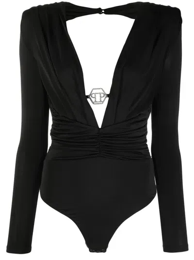 Philipp Plein Logo-plaque Open-back Bodysuit In Black