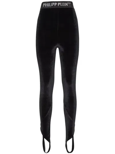 Philipp Plein Logo-tape Velvet Leggings In Black