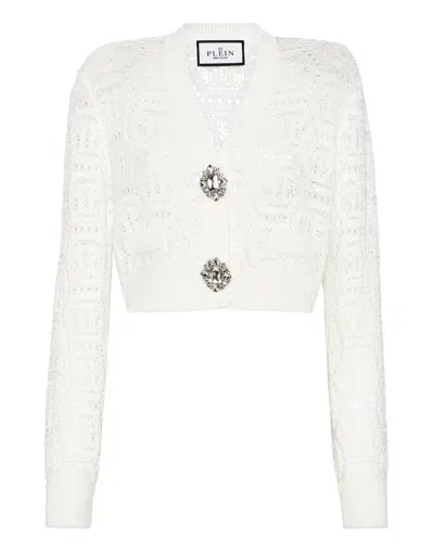 Philipp Plein Monogram Crochet-knit Cardigan In White