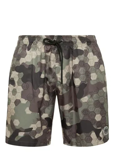 Philipp Plein Monogram Pattern Swim Shorts In Brown