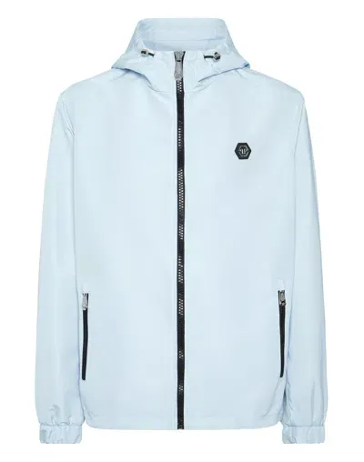 Philipp Plein Logo-patch Hooded Windbreaker In Blue