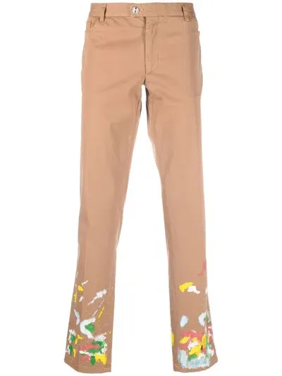 Philipp Plein Paint-splatter Effect Chinos In Brown