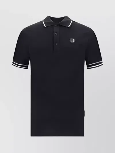 Philipp Plein Ribbed Collar Cotton Polo Shirt Monochrome Pattern In Black