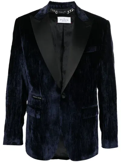 Philipp Plein Single-breasted Velvet Blazer In Blue