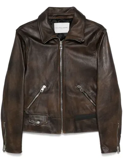 Philippe Model Paris Leather Jacket In Brown