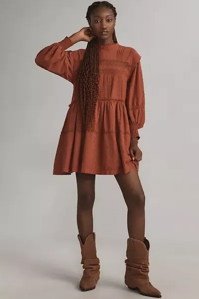 Pilcro Long-sleeve Mock-neck Swing Mini Dress In Orange