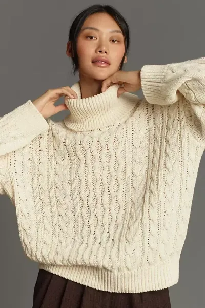 Pilcro Oversized Turtleneck Cable Sweater In Beige