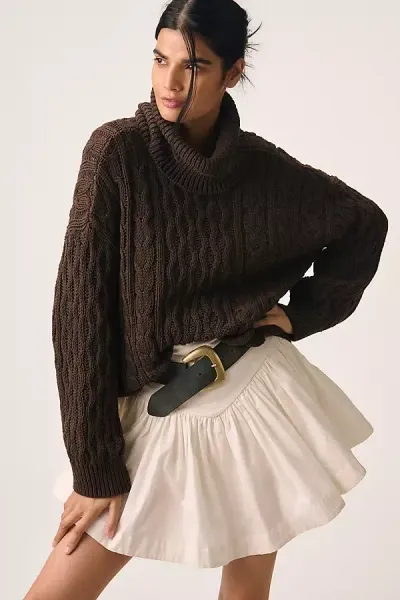 Pilcro Oversized Turtleneck Cable Sweater In Brown