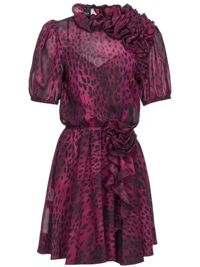 Pinko Floral-appliqué Cheetah-print Georgette Dress In Purple