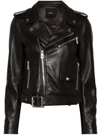 Pinko Leather Biker Jacket In Brown