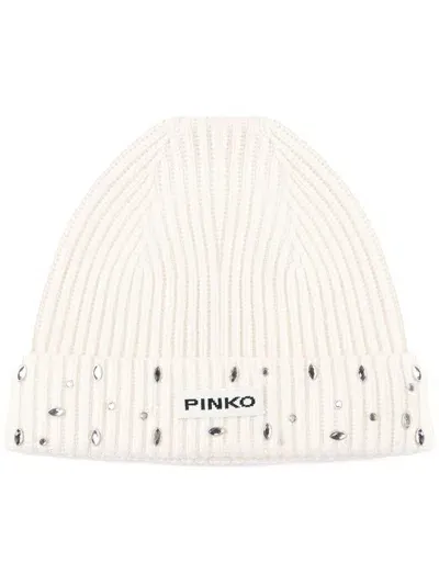 Pinko Embellished Ribbed Beanie In White