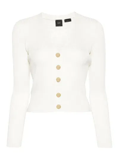 Pinko Love Birds-contrasting Logo Cardigan In Blanc-blanche-neige