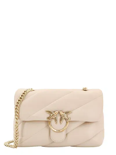 Pinko Matelassé Leather Shoulder Bag With Iconic Love Birds Buckle In Neutral