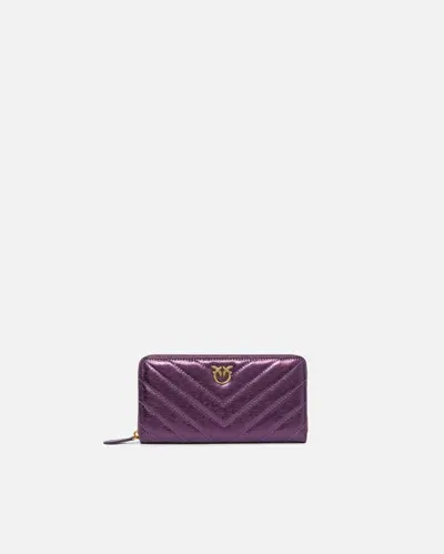 Pinko Rectangular Metallic Quilted Leather Wallet In Purple