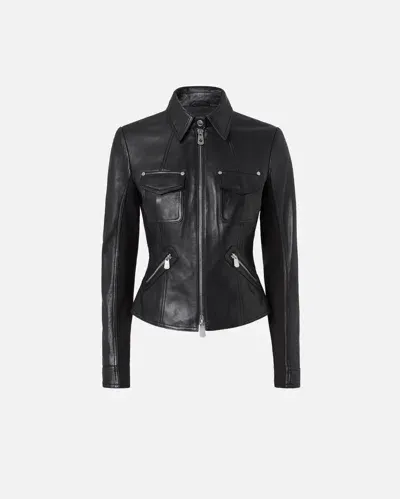 Pinko Blouson De Motard Court En Cuir Et Tissu Technique In Limo Black