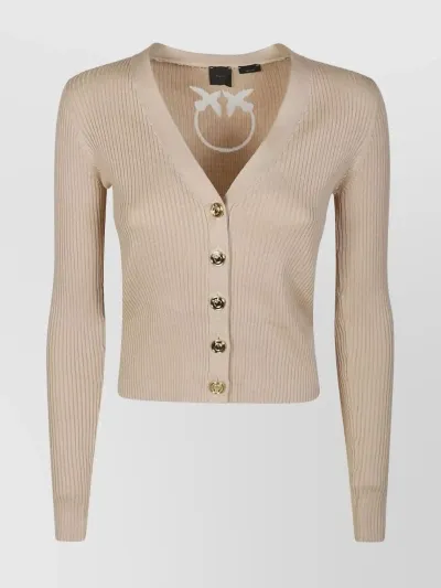 Pinko Love Birds-contrasting Logo Cardigan In Beige-chamois