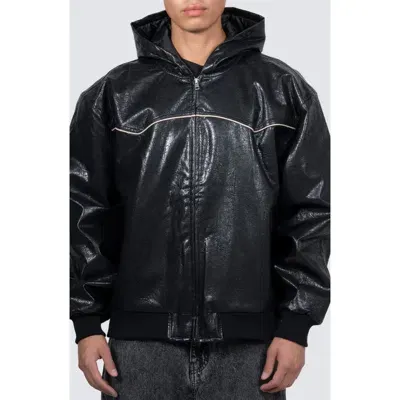 Pleasures Revenge Hooded Faux Leather Work Jacket In Black