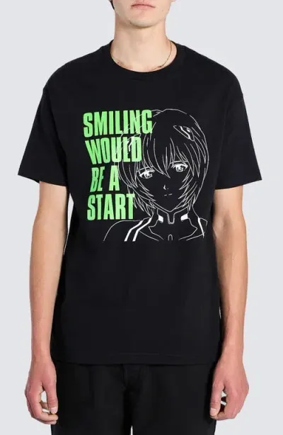 Pleasures X Neon Genesis Evangelion Smiling Cotton Graphic T-shirt In Black