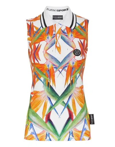 Plein Sport Floral-print Sleeveless Cotton Polo Top In Multi