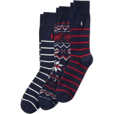 Polo Ralph Lauren Downhill Skiier Assorted 3-pack Cotton Blend Crew Socks Gift Box In Blue Multi