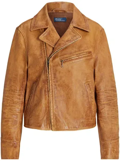 Polo Ralph Lauren Leather Biker Jacket In Brown