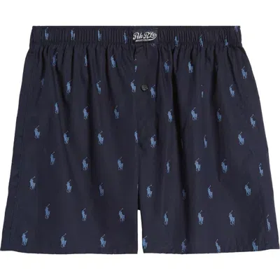 Polo Ralph Lauren Logo Print Woven Cotton Boxers In Navy