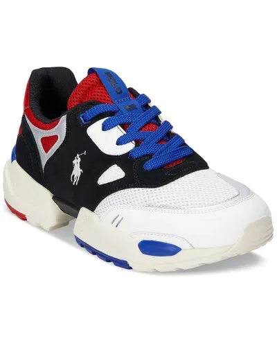 Polo Ralph Lauren White & Black Jogger Leather Sneakers In Black,sapphire Star,red