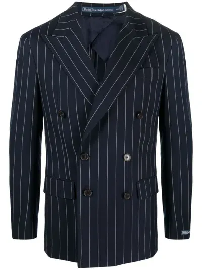 Polo Ralph Lauren Double-breasted Pinstriped Cotton And Silk-blend Blazer In Blue