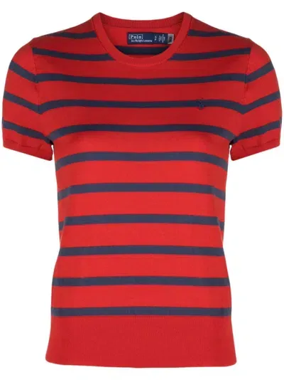 Polo Ralph Lauren Striped Polo Pony-embroidered T-shirt In Red