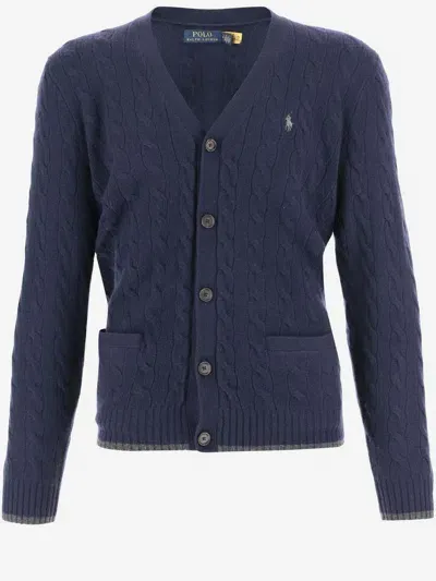 Polo Ralph Lauren Wool And Cashmere Cardigan With Logo In Blue