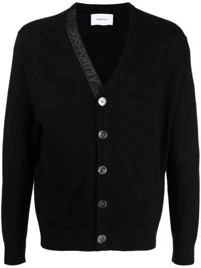 Ports V Logo-tape Ribbed V-neck Cardigan In Black