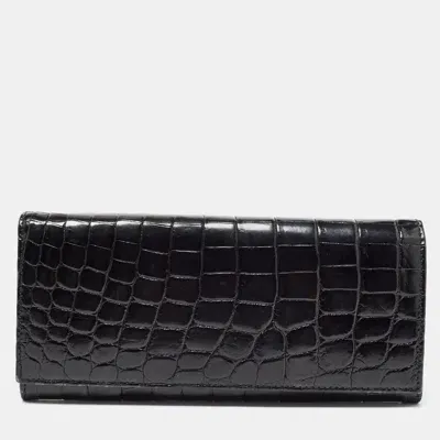 Pre-owned Prada Black Crocodile Flap Continental Wallet