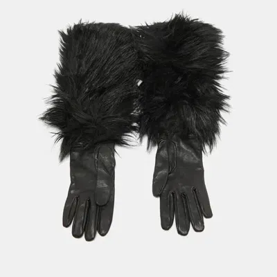 Pre-owned Prada Black Faux Fur And Genuine Leather Gloves