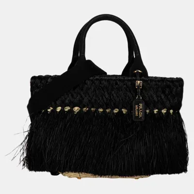 Pre-owned Prada Black Fringed Raffia Satchel