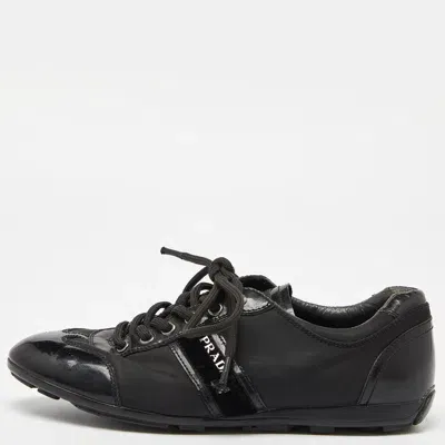 Pre-owned Prada Black Patent Leather And Nylon Low Top Sneakers Size 35.5