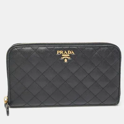 Pre-owned Prada Black Quilted Saffiano Leather Zip Around Wallet