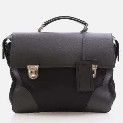 Pre-owned Prada Black Saffiano Trimmed Small Tessuto Flap-top Briefcase