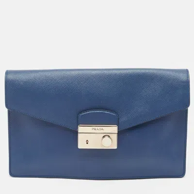 Pre-owned Prada Blue Saffiano Lux Leather Sound Clutch