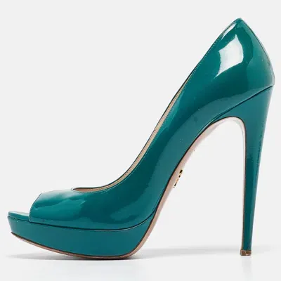 Pre-owned Prada Green Patent Leather Peep Toe Pumps Size 39.5