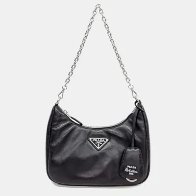 Pre-owned Prada Black Leather Tessuto Padded Hobo Bag