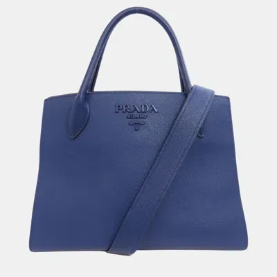 Pre-owned Prada Leather Saffiano Tote Bag In Blue