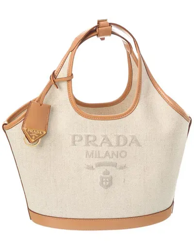 Prada Medium Linen Blend And Leather Tote Bag In Brown