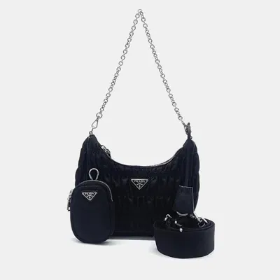 Pre-owned Prada Nappa Gaufre Tessuto Chain Strap Hobo Bag In Black