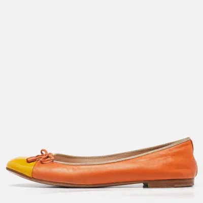 Pre-owned Prada Orange/yellow Leather Bow Cap Toe Ballet Flats Size 38.5