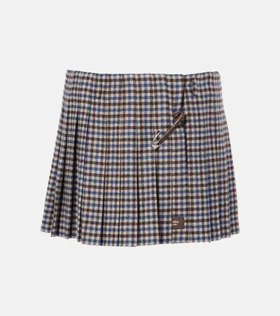 Prada Pleated Checked Wool Twill Miniskirt In Brown