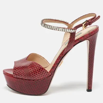 Pre-owned Prada Red Snakeskin Crystals Embellished Platform Sandals Size 39