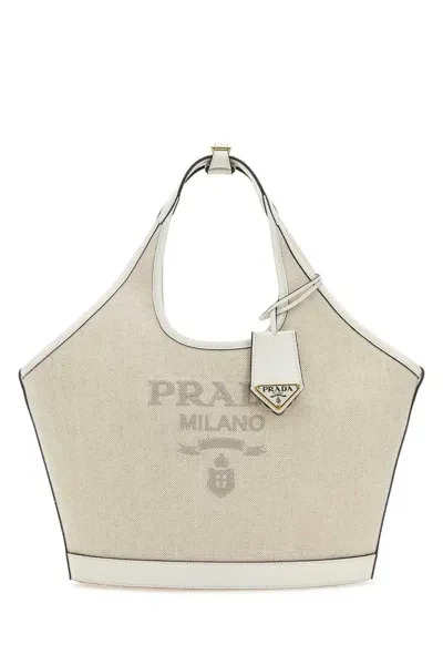 Prada Sand Canvas Handbag In Brown