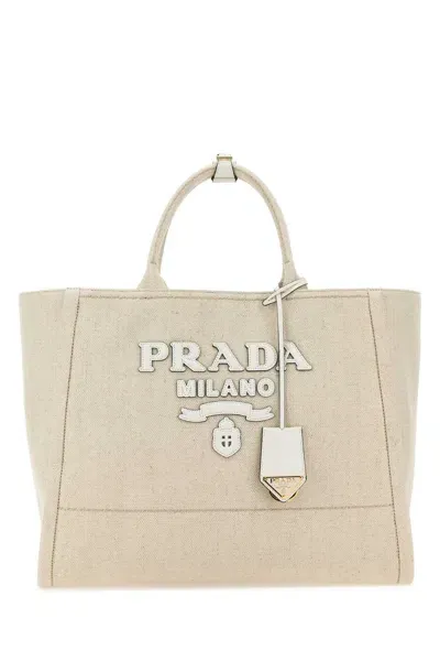 Prada Sand Canvas Shopping Bag In Brown